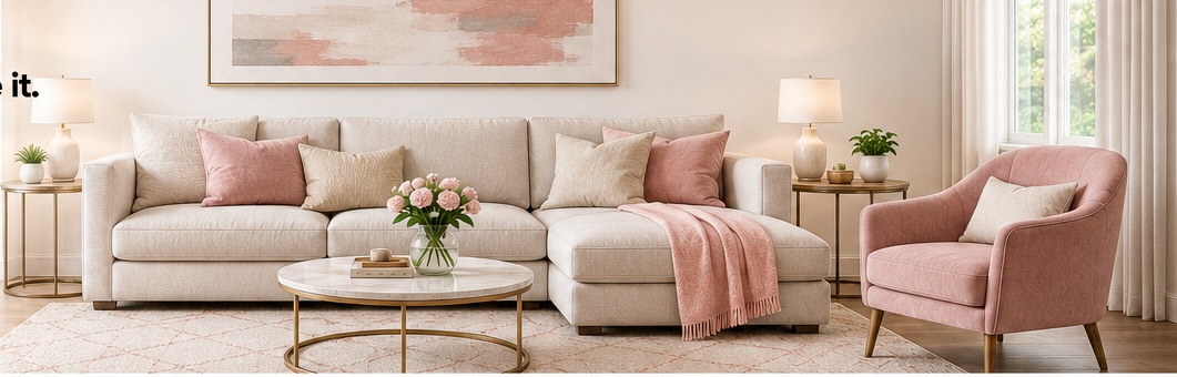 Beautiful coordinated living room with sofa, rug, coffee table and decor